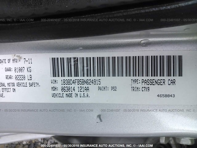 1B3BD4FB5BN624915 - 2011 DODGE AVENGER EXPRESS 银色 照片 9