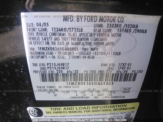 1FMZK05165GA65805 - 2005 FORD FREESTYLE SEL BLACK photo 9