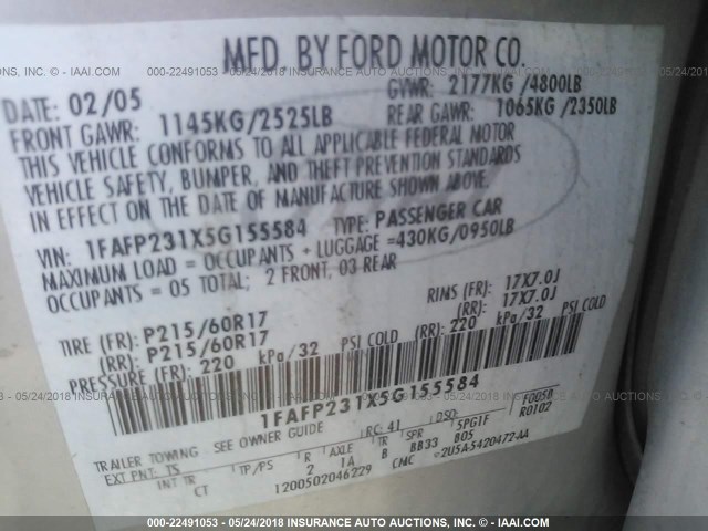 1FAFP231X5G155584 - 2005 FORD FIVE HUNDRED SE SILVER photo 9