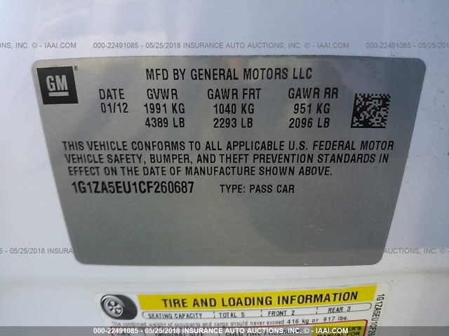 1G1ZA5EU1CF260687 - 2012 CHEVROLET MALIBU LS 白色 照片 9