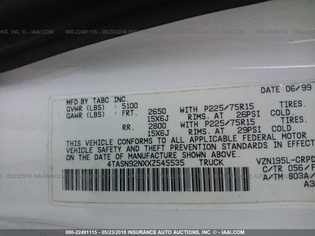 4TASN92NXXZ545535 - 1999 TOYOTA TACOMA XTRACAB PRERUNNER თეთრი ფოტო 9