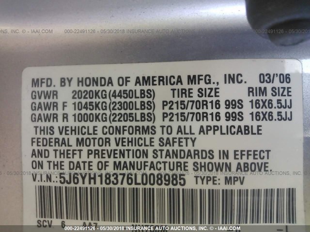 5J6YH18376L008985 - 2006 HONDA ELEMENT LX WHITE photo 9