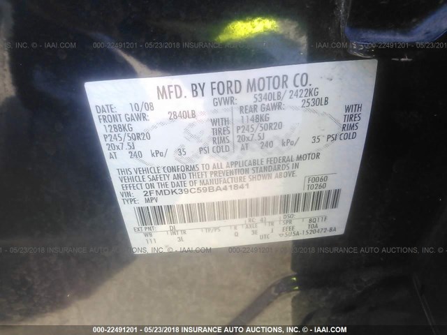 2FMDK39C59BA41841 - 2009 FORD EDGE LIMITED Dark Blue photo 9