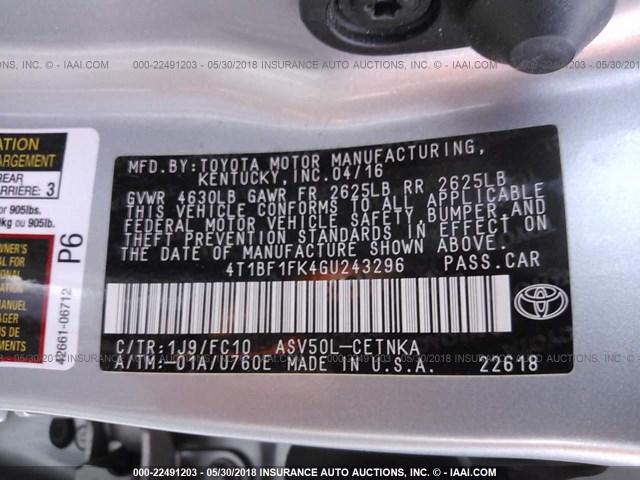 4T1BF1FK4GU243296 - 2016 TOYOTA CAMRY LE/XLE/SE/XSE 银色 照片 9