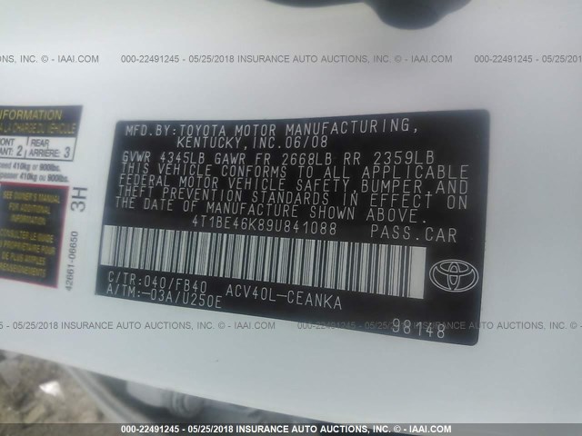 4T1BE46K89U841088 - 2009 TOYOTA CAMRY SE/LE/XLE 白色 照片 9