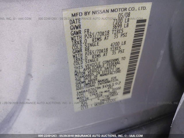 1N6BA07D29N306192 - 2009 NISSAN TITAN XE/SE/LE SILVER photo 9