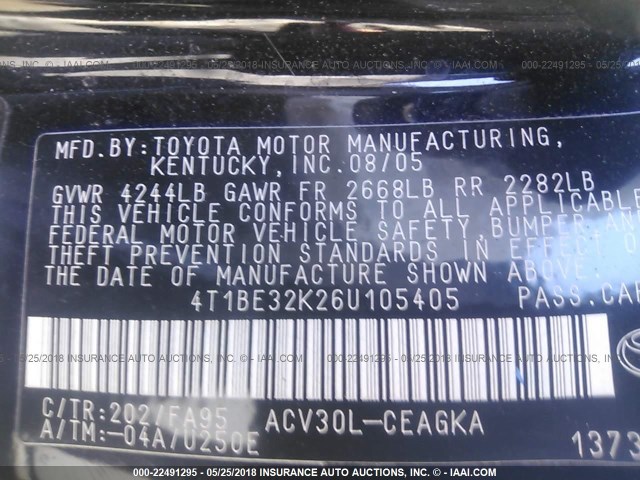 4T1BE32K26U105405 - 2006 TOYOTA CAMRY LE/XLE/SE Qara foto 9