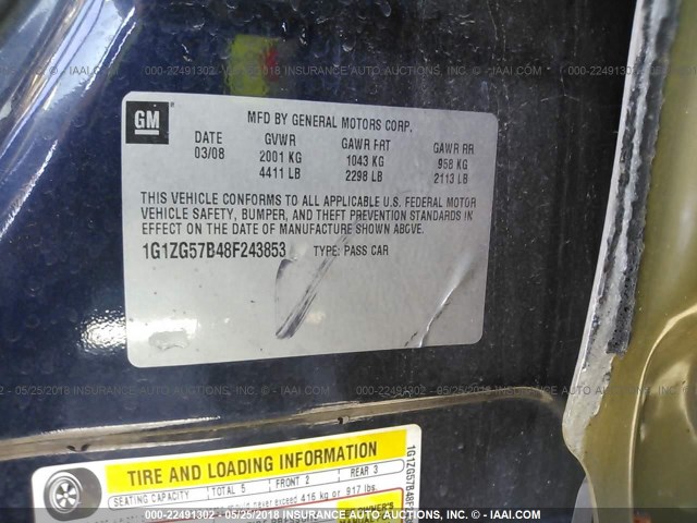 1G1ZG57B48F243853 - 2008 CHEVROLET MALIBU LS أزرق صورة 9