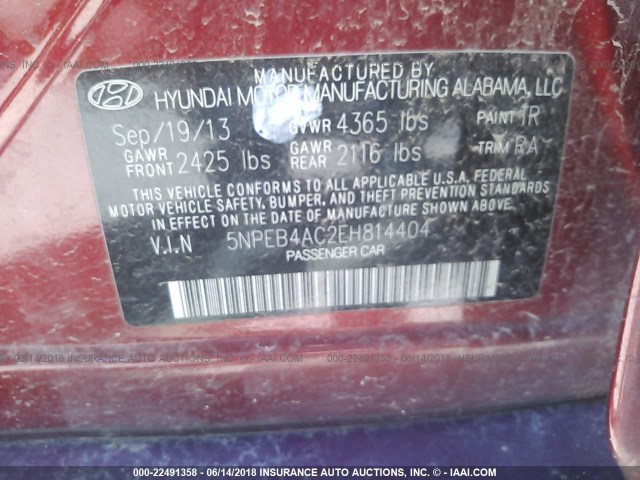 5NPEB4AC2EH814404 - 2014 HYUNDAI SONATA GLS BURGUNDY photo 9