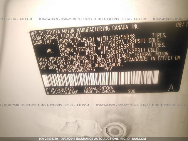 2T3DFREV5DW082575 - 2013 TOYOTA RAV4 LIMITED Ağ foto 9