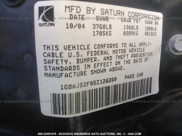 1G8AJ52F05Z126260 - 2005 SATURN ION LEVEL 2 WHITE photo 9