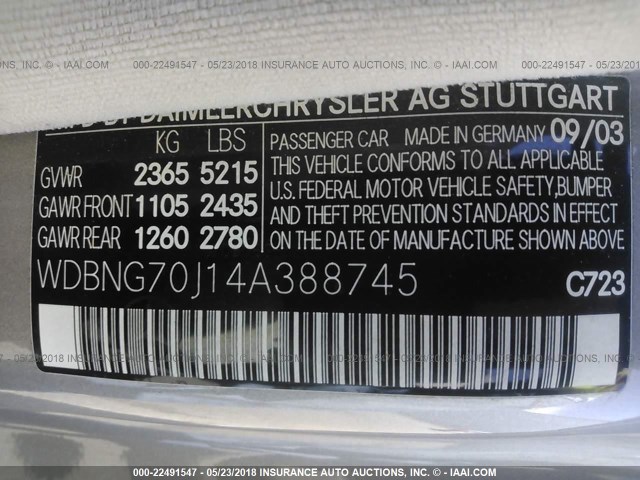 WDBNG70J14A388745 - 2004 MERCEDES-BENZ S 430 SILVER photo 9