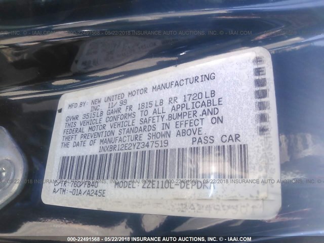 1NXBR12E2YZ347519 - 2000 TOYOTA COROLLA VE/CE/LE 蓝色 照片 9