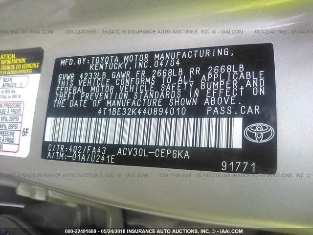 4T1BE32K44U894010 - 2004 TOYOTA CAMRY LE/XLE/SE 棕色 照片 9