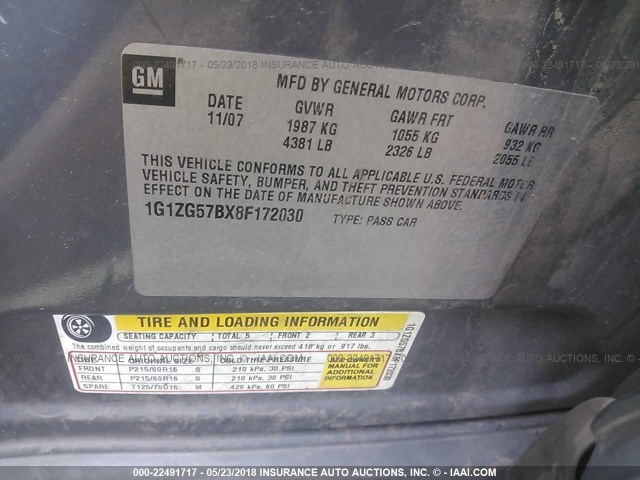 1G1ZG57BX8F172030 - 2008 CHEVROLET MALIBU LS GRAY photo 9