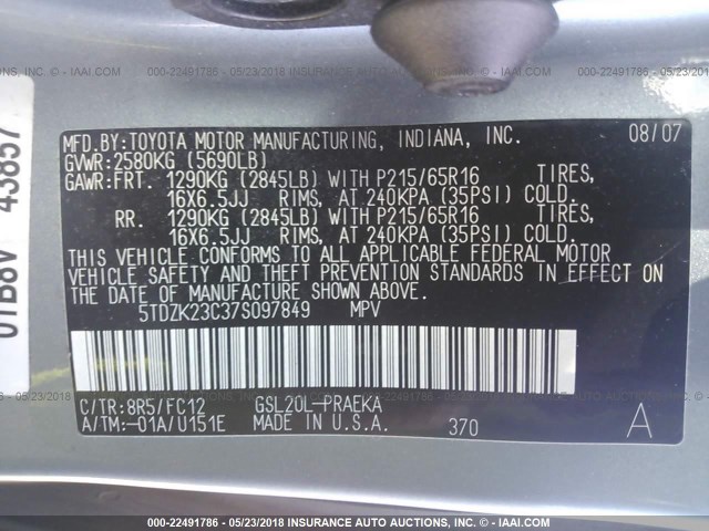 5TDZK23C37S097849 - 2007 TOYOTA SIENNA CE/LE BLUE photo 9