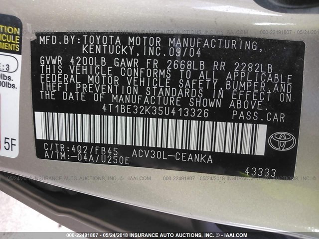 4T1BE32K35U413326 - 2005 TOYOTA CAMRY LE/XLE/SE 金色 照片 9