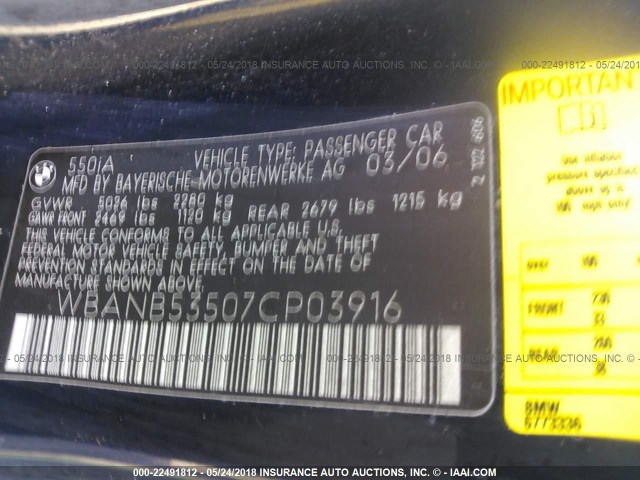 WBANB53507CP03916 - 2007 BMW 550 I BLUE photo 9