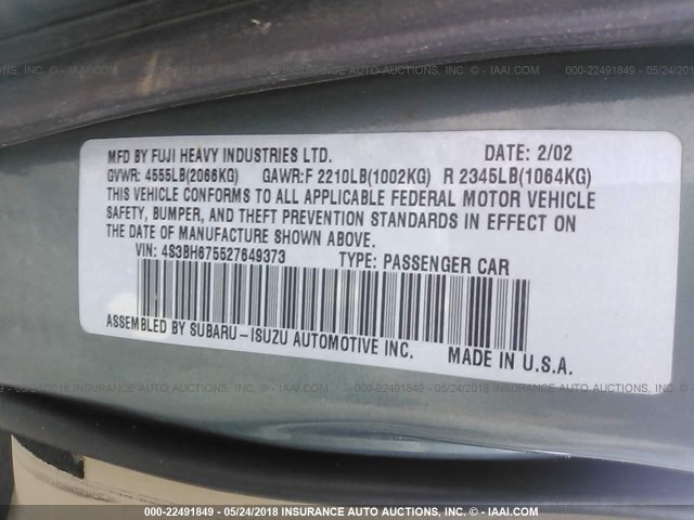 4S3BH675527649373 - 2002 SUBARU LEGACY OUTBACK AWP 绿色 照片 9