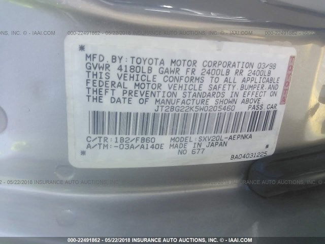 JT2BG22K5W0205460 - 1998 TOYOTA CAMRY CE/LE/XLE BEIGE photo 9