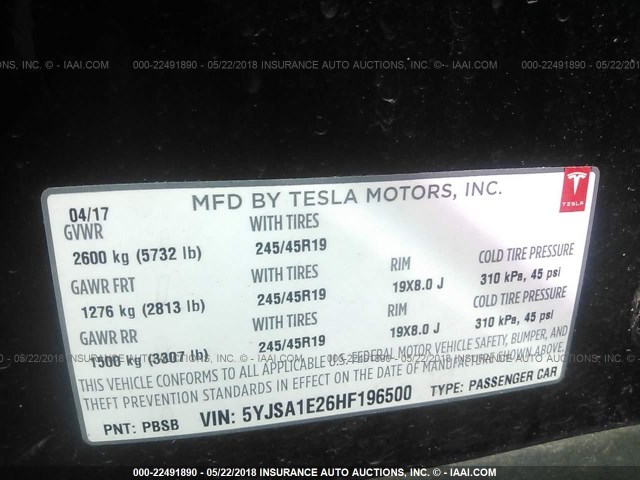 5YJSA1E26HF196500 - 2017 TESLA MODEL S 黑色 照片 9