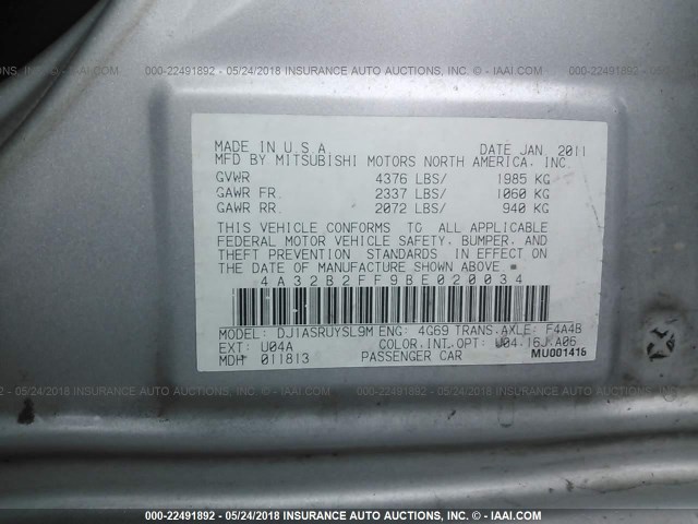 4A32B2FF9BE020034 - 2011 MITSUBISHI GALANT FE SILVER photo 9