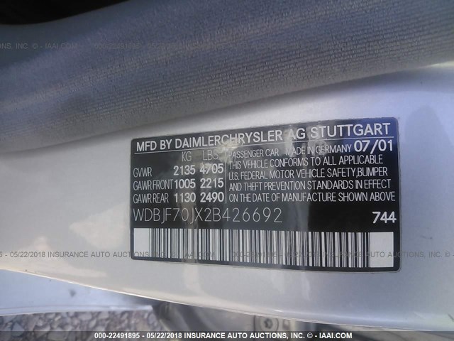 WDBJF70JX2B426692 - 2002 MERCEDES-BENZ E 430 SILVER photo 9