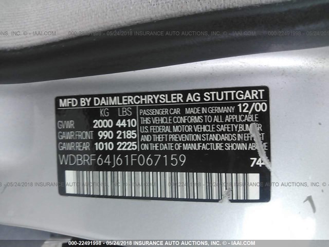 WDBRF64J61F067159 - 2001 MERCEDES-BENZ C 320 SILVER photo 9