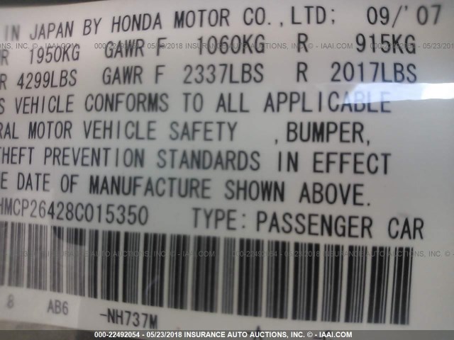 JHMCP26428C015350 - 2008 HONDA ACCORD LXP GRAY photo 9