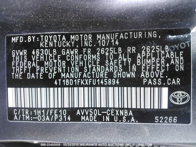 4T1BD1FKXFU145894 - 2015 TOYOTA CAMRY HYBRID/LE/XLE/SE GRAY photo 9