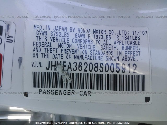 JHMFA36208S005912 - 2008 HONDA CIVIC HYBRID WHITE photo 9