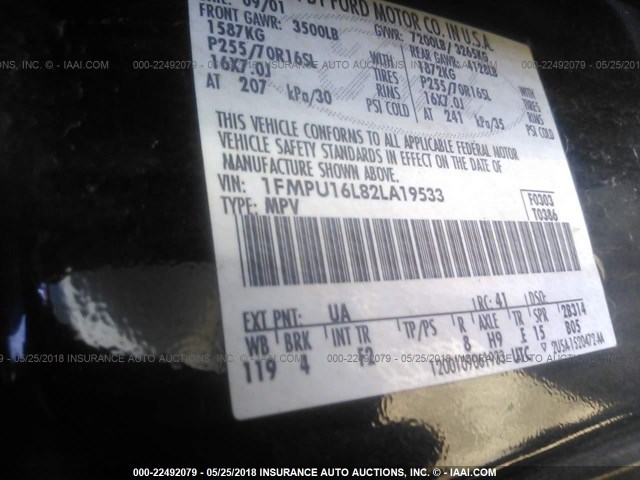 1FMPU16L82LA19533 - 2002 FORD EXPEDITION XLT შავი ფოტო 9