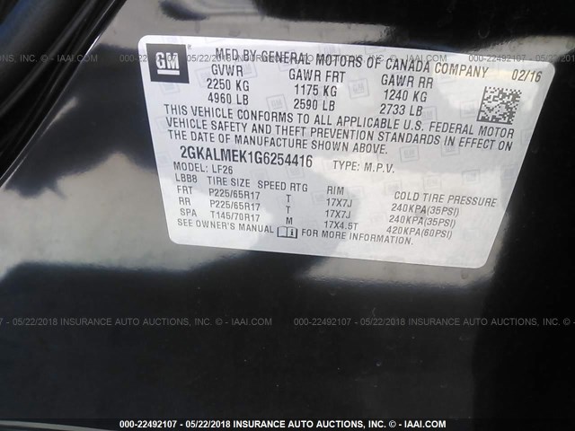 2GKALMEK1G6254416 - 2016 GMC TERRAIN SLE BLACK photo 9