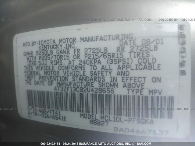 4T3ZF13C82U428656 - 2002 TOYOTA SIENNA LE/XLE TAN photo 9