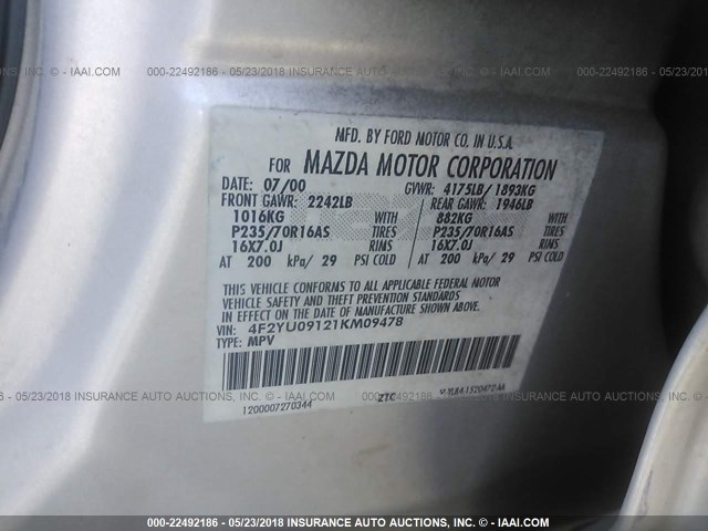 4F2YU09121KM09478 - 2001 MAZDA TRIBUTE LX/ES 银色 照片 9