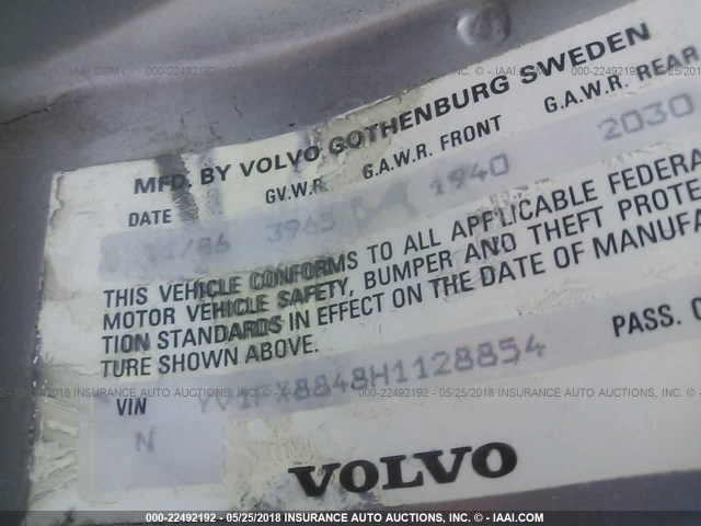 YV1FX8848H1128854 - 1987 VOLVO 740 GLE SILVER photo 9