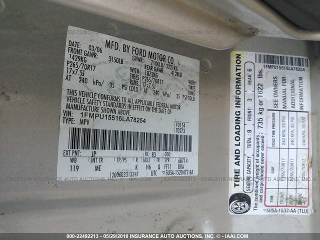 1FMPU15516LA78254 - 2006 FORD EXPEDITION XLT SILVER photo 9