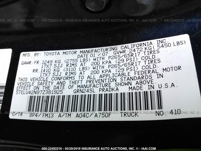 5TELU42N97Z381925 - 2007 TOYOTA TACOMA DOUBLE CAB 蓝色 照片 9