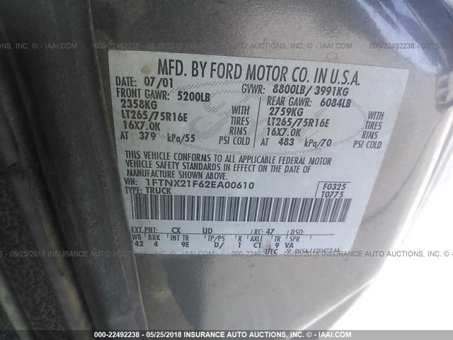 1FTNX21F62EA00610 - 2002 FORD F250 SUPER DUTY GRAY photo 9