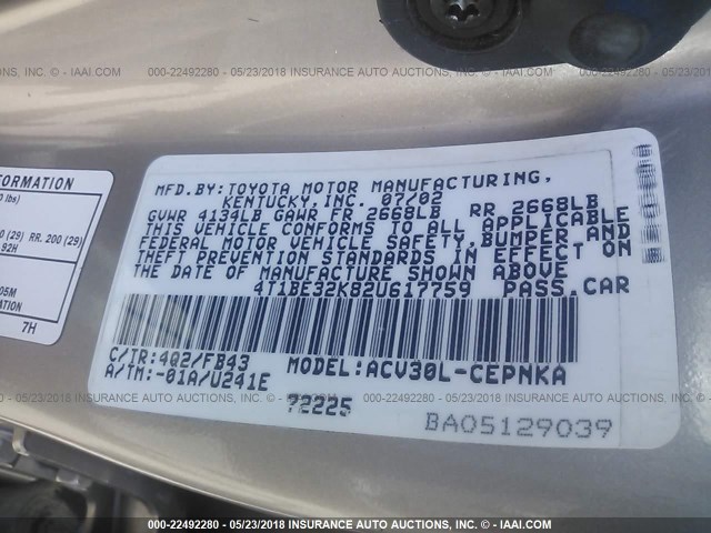 4T1BE32K82U617759 - 2002 TOYOTA CAMRY LE/XLE/SE 金色 照片 9