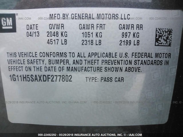 1G11H5SAXDF277802 - 2013 CHEVROLET MALIBU LTZ 灰色 照片 9