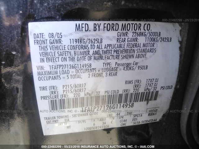 1FAFP27126G114958 - 2006 FORD FIVE HUNDRED SEL BLACK photo 9