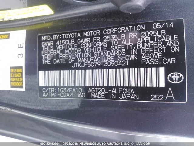 JTKJF5C79F3090421 - 2015 TOYOTA SCION TC GRAY photo 9