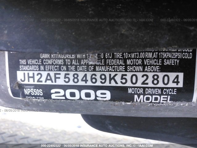 JH2AF58469K502804 - 2009 HONDA NPS50 S BLACK photo 10