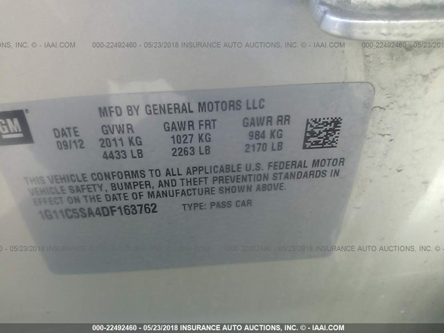 1G11C5SA4DF163762 - 2013 CHEVROLET MALIBU 1LT თაფლისფერი ფოტო 9