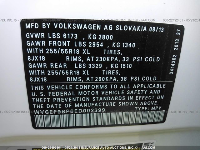 WVGEF9BP6ED003399 - 2014 VOLKSWAGEN TOUAREG V6 WHITE photo 9