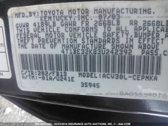 4T1BE32K83U242392 - 2003 TOYOTA CAMRY LE/XLE/SE 黑色 照片 9