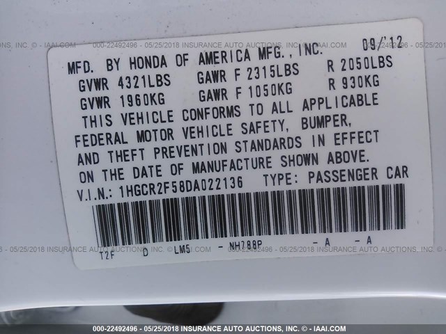 1HGCR2F58DA022136 - 2013 HONDA ACCORD SPORT თეთრი ფოტო 9