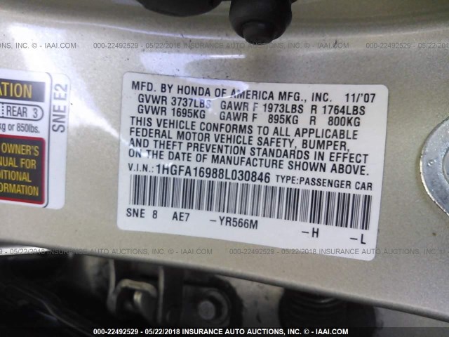 1HGFA16988L030846 - 2008 HONDA CIVIC EXL 金色 照片 9