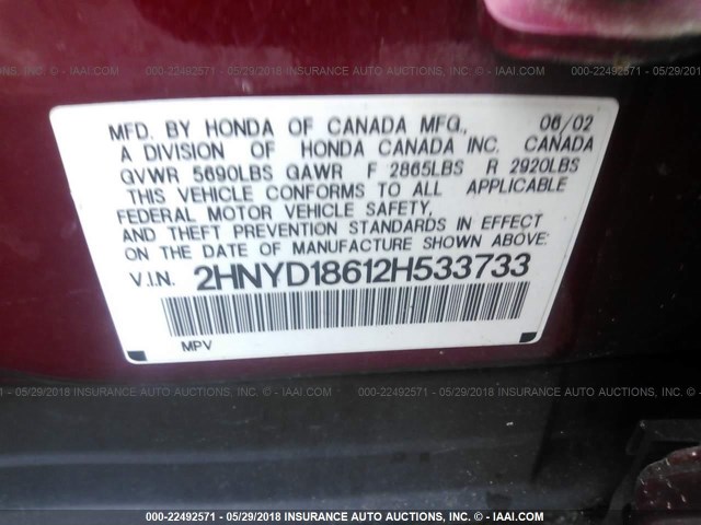 2HNYD18612H533733 - 2002 ACURA MDX TOURING RED photo 9